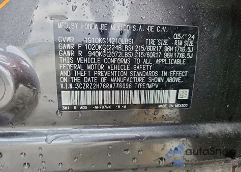 2024 Honda Hr-V Exl from USA, damaged, VIN 3CZRZ2H76RM776096